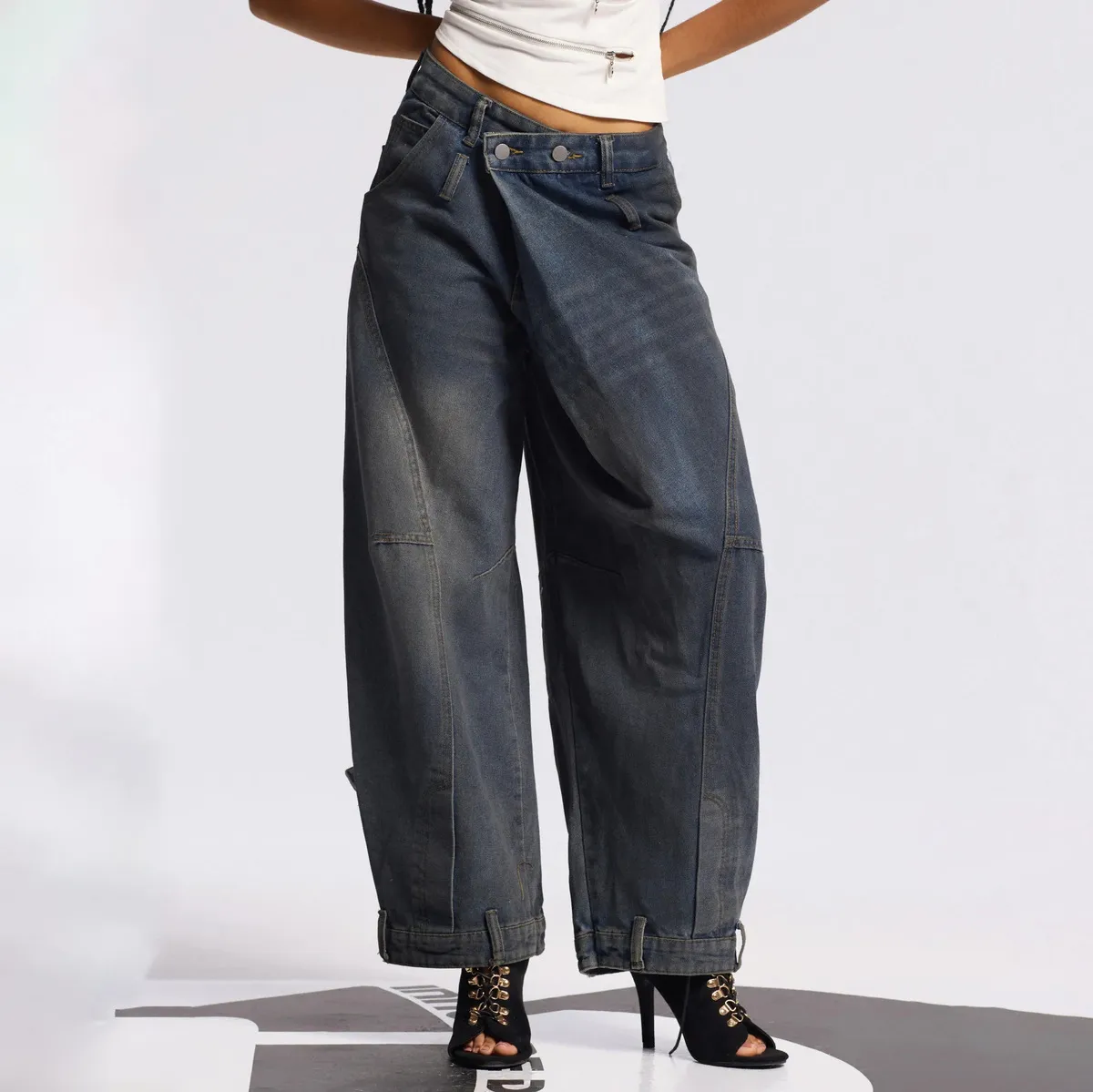 Women Fashion Casual Retro Asymmetric Washed Wide Leg Jeans