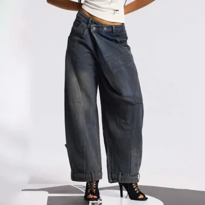 Women Fashion Casual Retro Asymmetric Washed Wide Leg Jeans