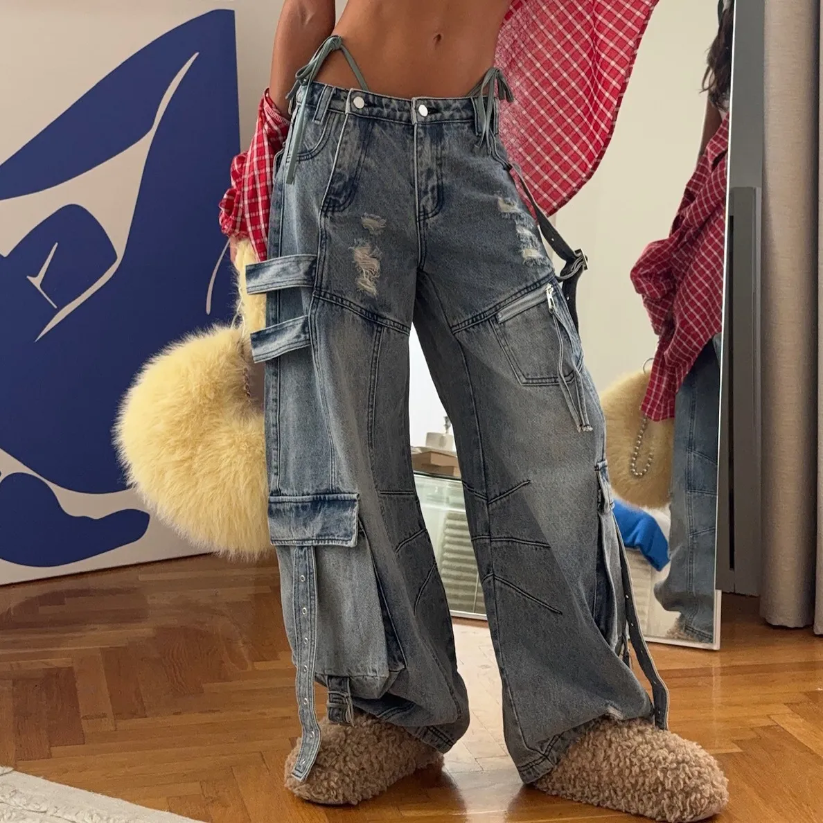 Women Fashion Casual Washed Hole Sanding Down Strap Wide Leg Cargo Jeans