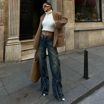 Women Fashion Casual Retro Wash Water Strap Wide Leg Jeans