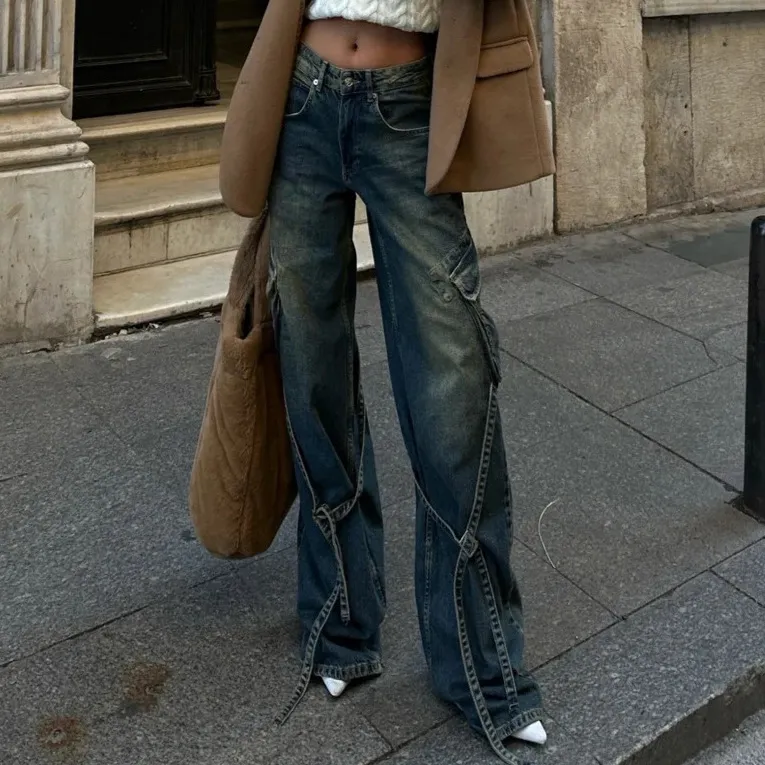 Women Fashion Casual Retro Wash Water Strap Wide Leg Jeans