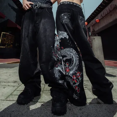 Women Fashion Casual Cool Dragon Printed Flower Heart Embroidered Wide Leg Jeans