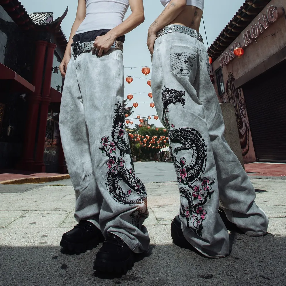 Women Fashion Casual Cool Dragon Printed Flower Heart Embroidered Wide Leg Jeans