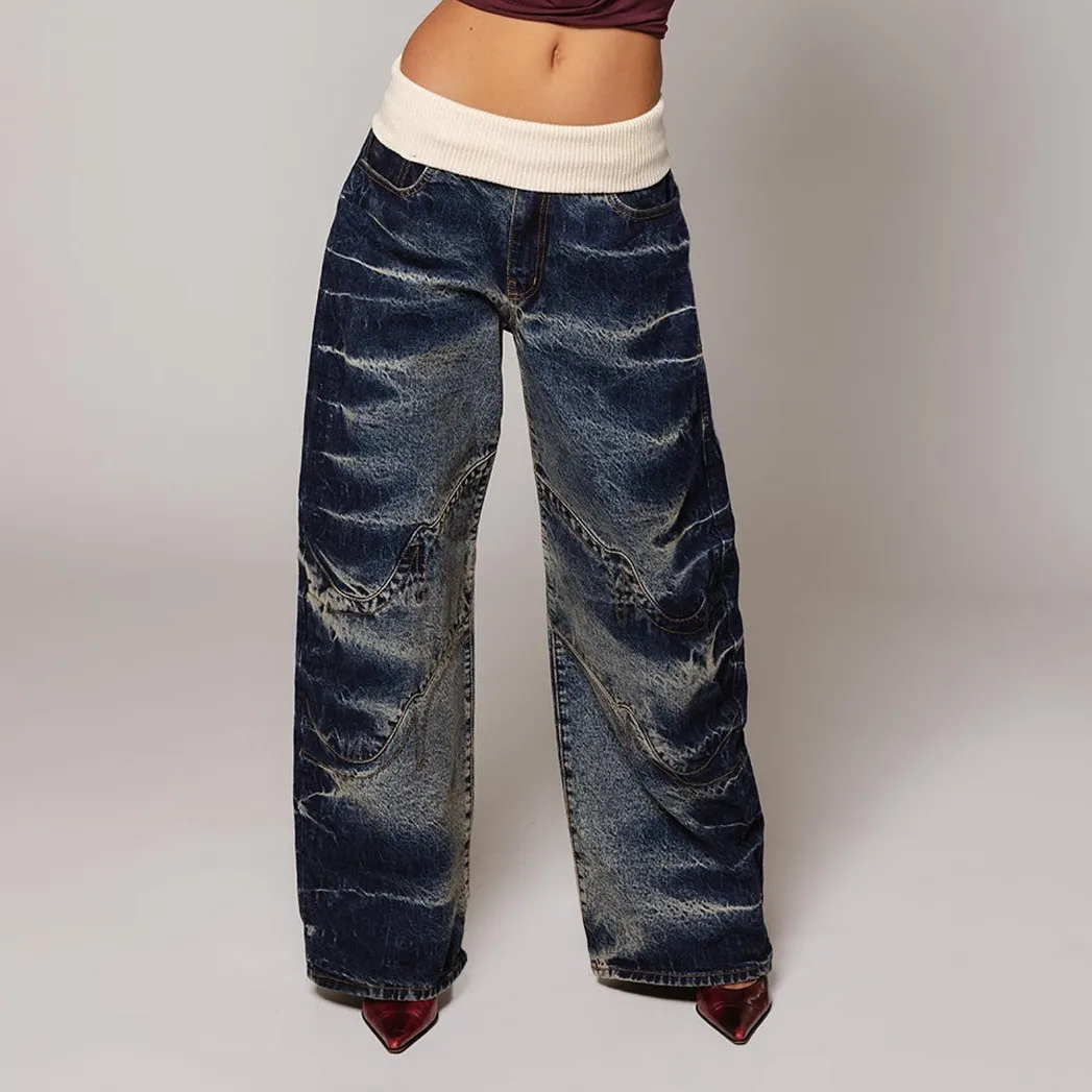 Women Fashion Casual Stitching Waist Wide Leg Jeans
