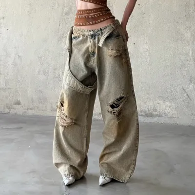 Women Fashion Casual Retro Ripped Wide Leg Jeans