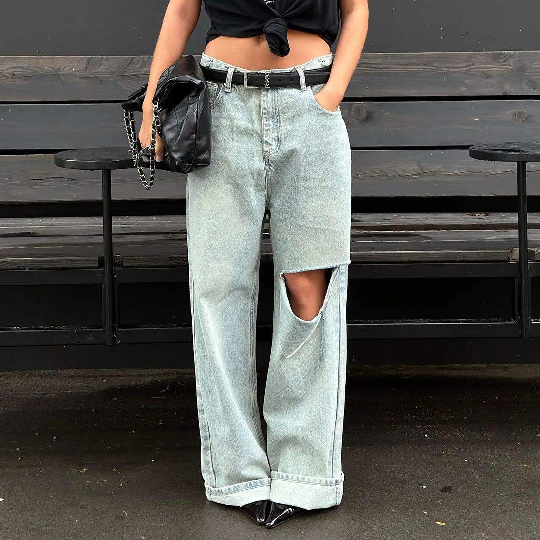 Women Fashion Casual Retro Washed Ripped Straight Wide Leg Jeans