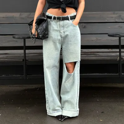 Women Fashion Casual Retro Washed Ripped Straight Wide Leg Jeans
