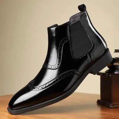 Men's Fashion Casual Retro Pointed-Toe Business Leather Boots Mid-Calf