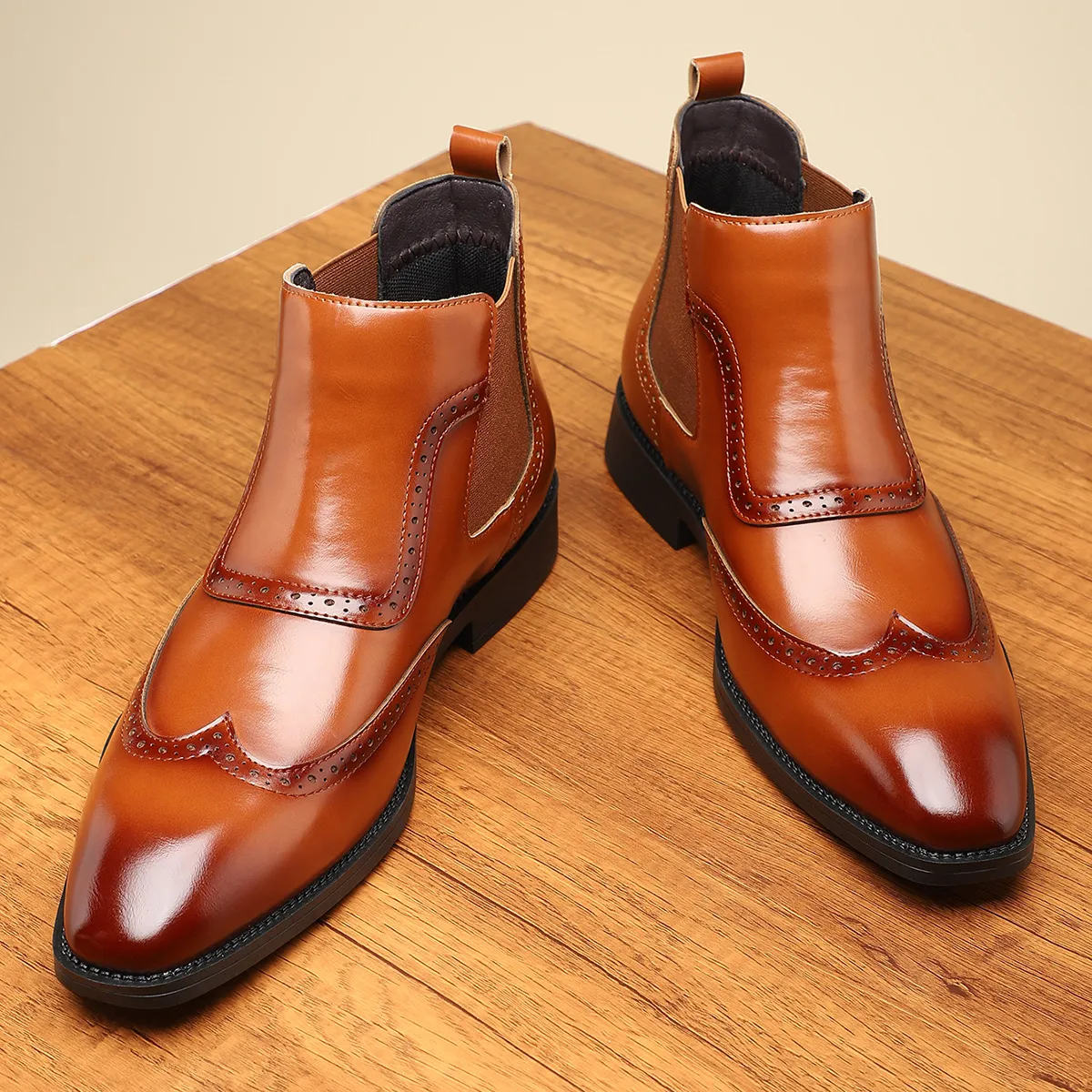 Men's Fashion Casual Retro Pointed-Toe Business Leather Boots Mid-Calf