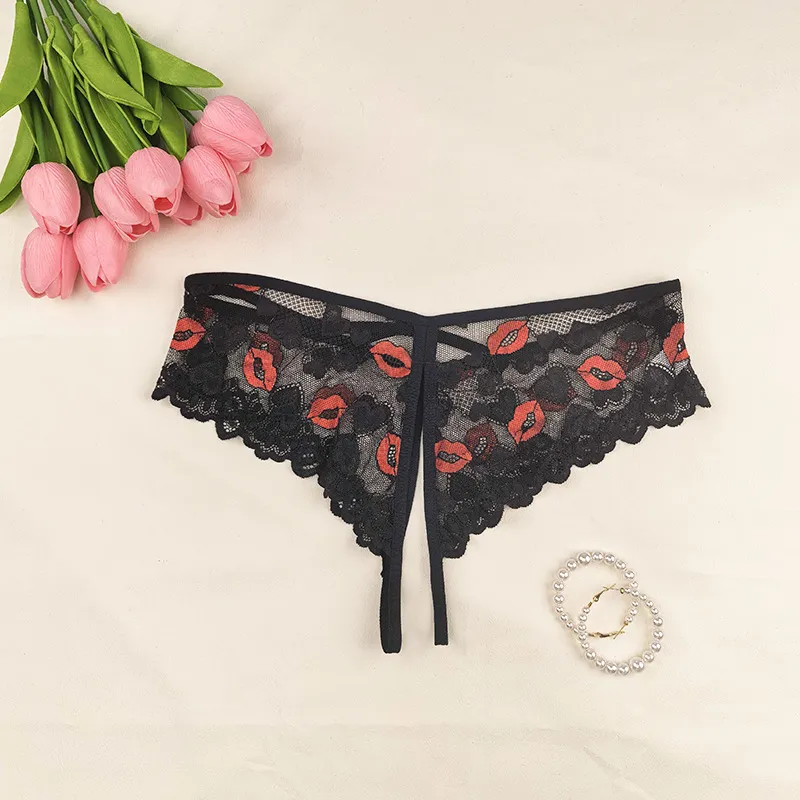 Women Fashion Sexy Lace Lip Print Thin Embroidered Open Crotch Panties