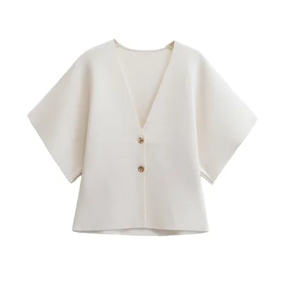 Women Casual V-Neck Short Sleeve Knitted Jacket Solid Color