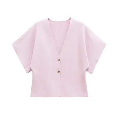 Women Casual V-Neck Short Sleeve Knitted Jacket Solid Color