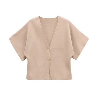 Women Casual V-Neck Short Sleeve Knitted Jacket Solid Color
