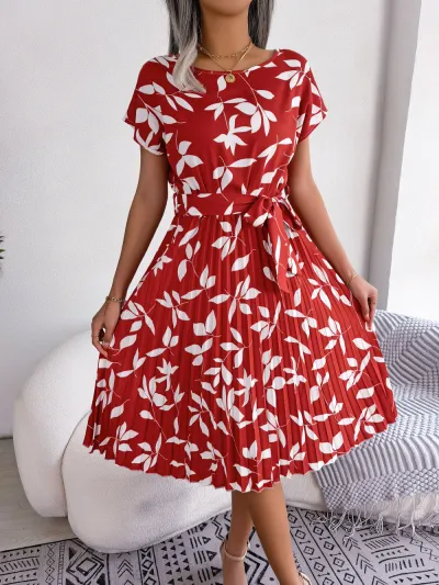 Women Casual Leaves Printed Short-Sleeve Pleated Midi Dress