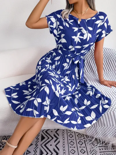 Women Casual Leaves Printed Short-Sleeve Pleated Midi Dress