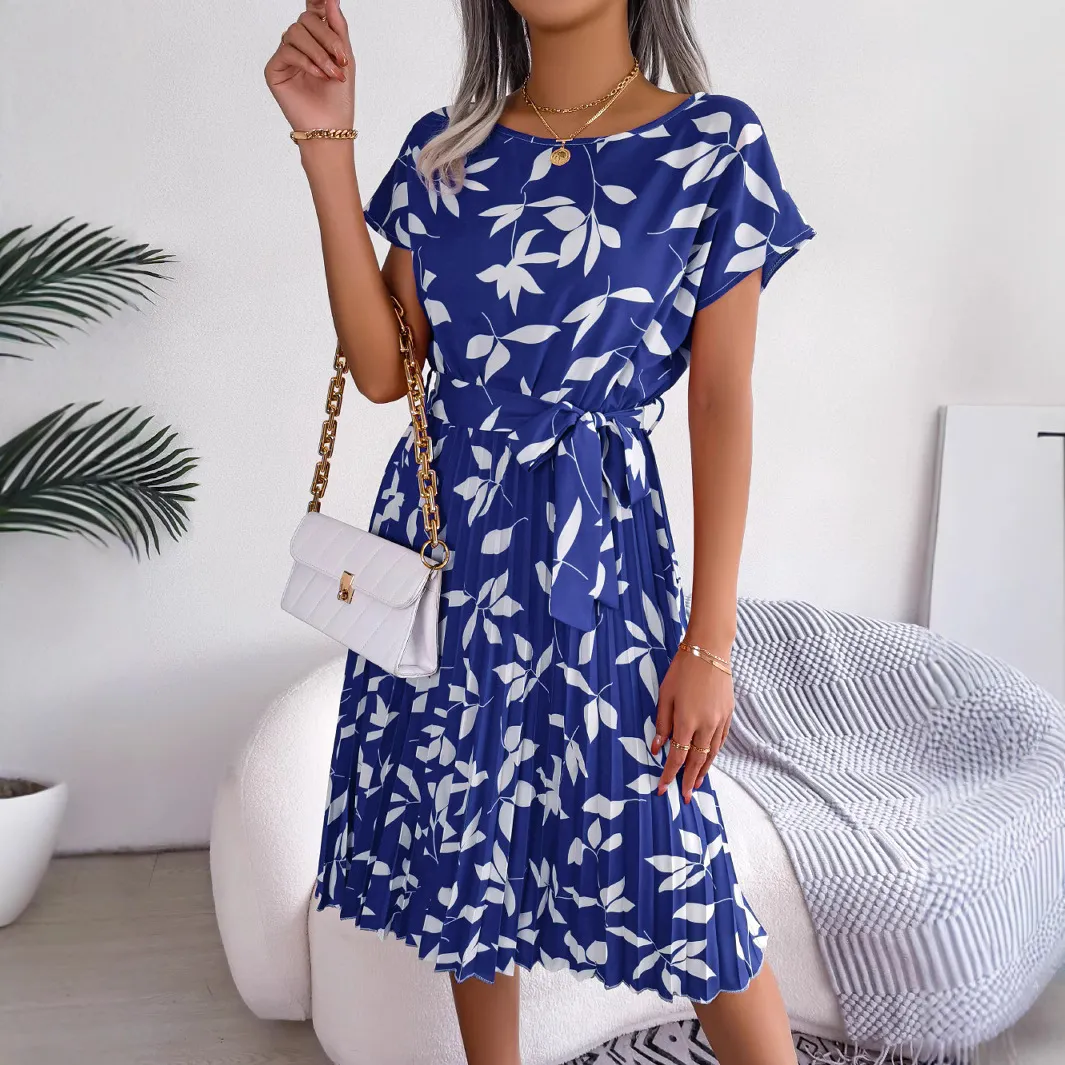Women Casual Leaves Printed Short-Sleeve Pleated Midi Dress