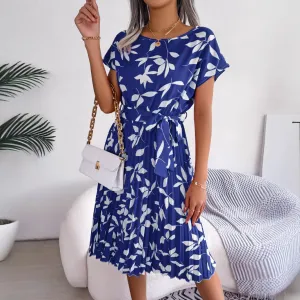 Women Casual Leaves Printed Short-Sleeve Pleated Midi Dress