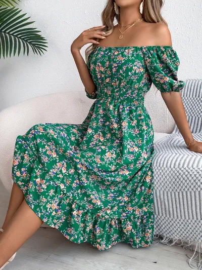Women Fashion Sexy Square Collar Short Sleeve High Waist A-Line Floral Dress