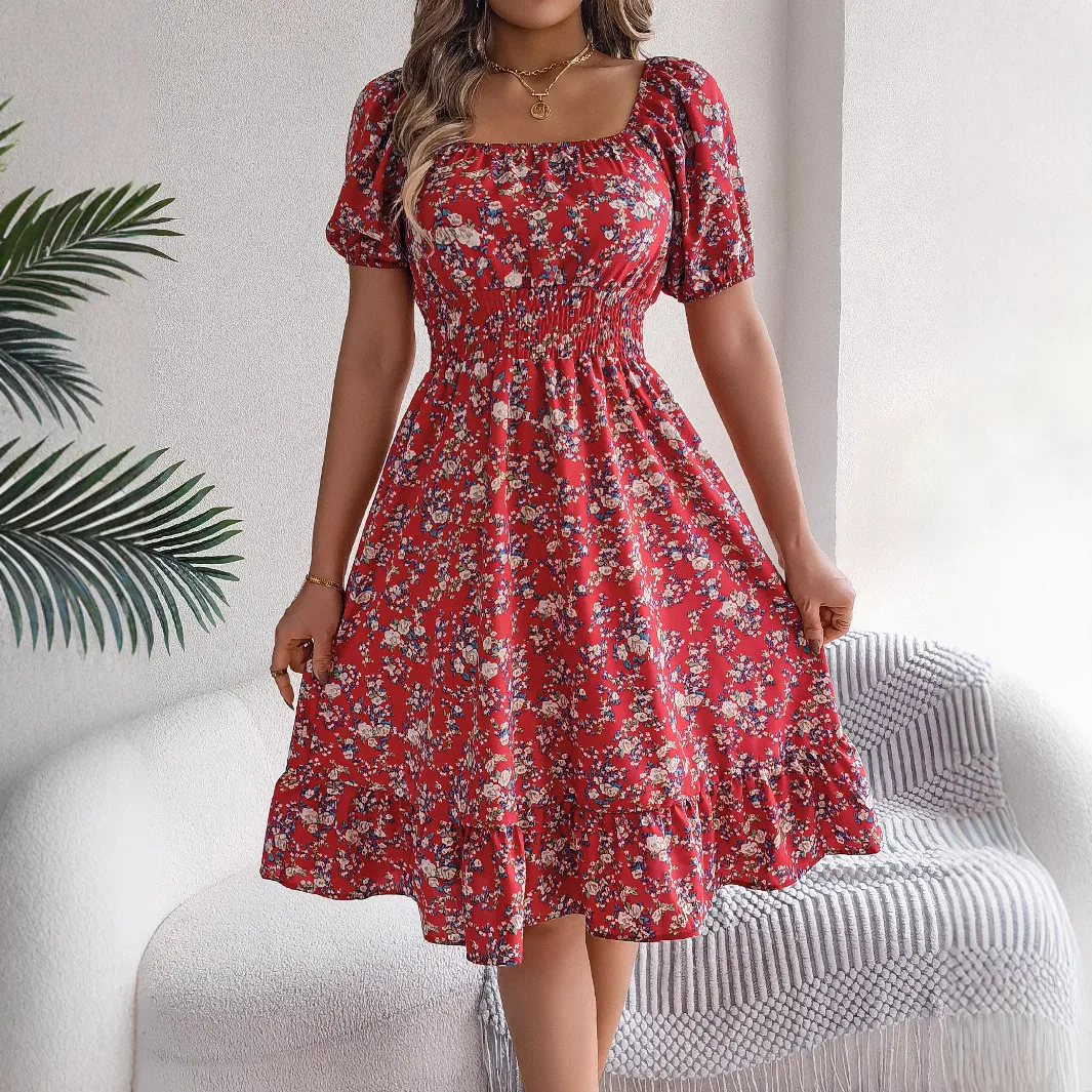 Women Fashion Sexy Square Collar Short Sleeve High Waist A-Line Floral Dress