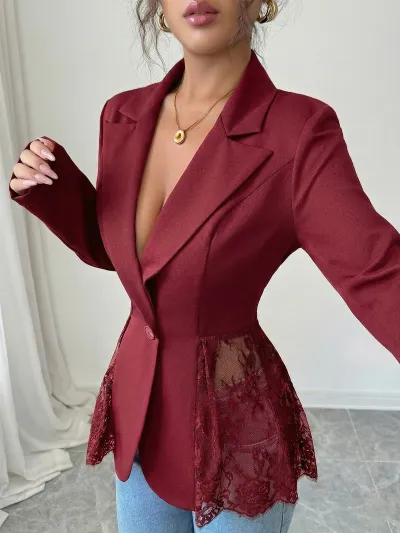 Women Elegant Casual Solid Color Lace Stitching Lapel Long-Sleeve Blazer