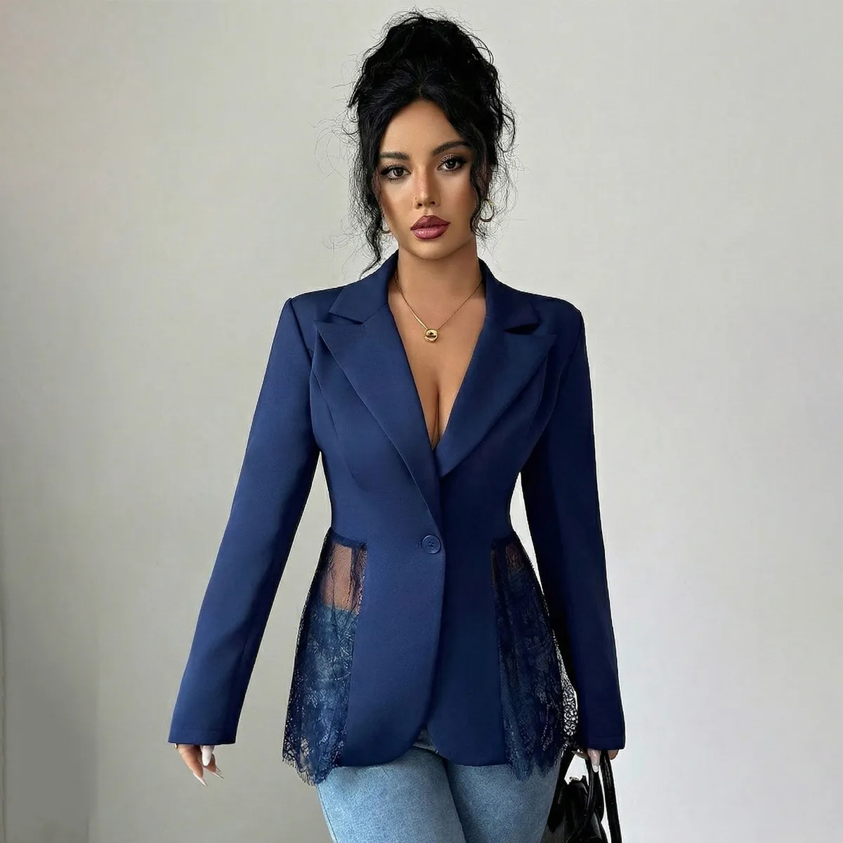 Women Elegant Casual Solid Color Lace Stitching Lapel Long-Sleeve Blazer