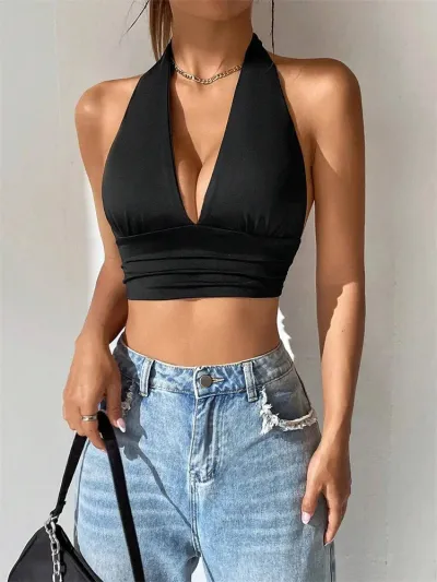 Women Fashion Sexy Solid Color Haltre-Neck Sleeveless Backless Crop Top