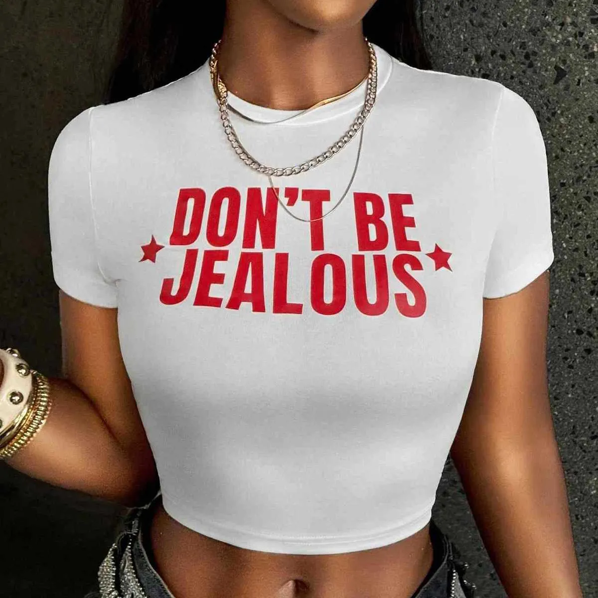 Women Sexy Letter Print Short-Sleeve Slim Fit Crop Top