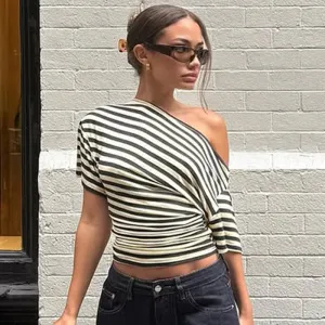 Women Sexy Stripe Slant Shoulder Short-Sleeve Tight Waist Crop Top