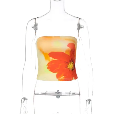 Women Sexy Floral Print Sleeveless Crop Top Milk Fiber