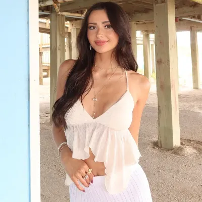 Women Fashion Sexy Solid Color Texture V-Neck Backless Crop Top