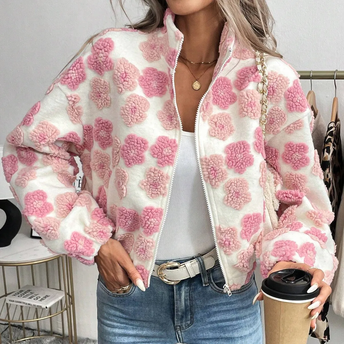 Women Casual Jacquard Long-Sleeve Zipper Jacket for Autumn Winter