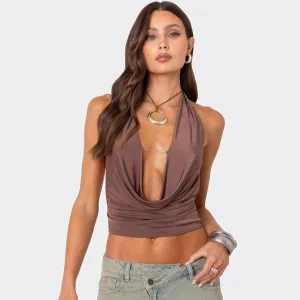 Women Sexy Solid Color Halter-Neck Lace-Up Backless Crop Top