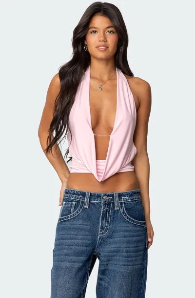 Women Sexy Solid Color Halter-Neck Lace-Up Backless Crop Top