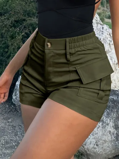 Women Fashion Casual Solid Color High Waist Button Pockets Shorts