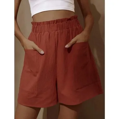 Women Fashion Casual Solid Color Cotton And Linen Flower Bud High Waist Shorts