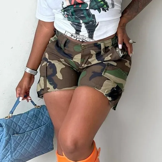 Women Fashion Casual Camouflage Printed Pocket Stitching Shorts