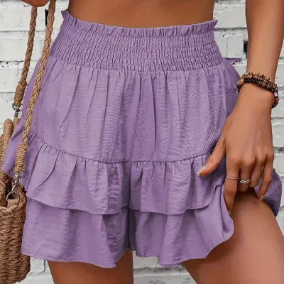 Women Fashion Casual Solid Color Ruffled Wide Leg Shorts