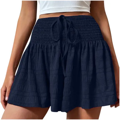 Women Fashion Casual Solid Color Pleated Drawstring Shorts