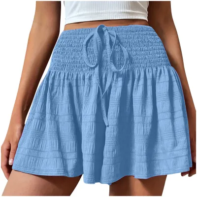 Women Fashion Casual Solid Color Pleated Drawstring Shorts