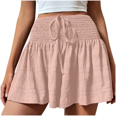 Women Fashion Casual Solid Color Pleated Drawstring Shorts