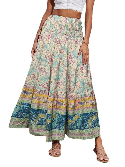 Women Fashion Casual Boho Printed High Waist Loose Skirts