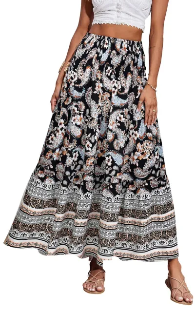Women Fashion Casual Boho Printed High Waist Loose Skirts