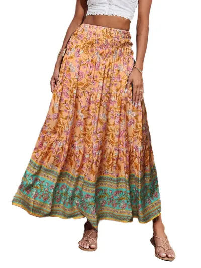 Women Fashion Casual Boho Printed High Waist Loose Skirts
