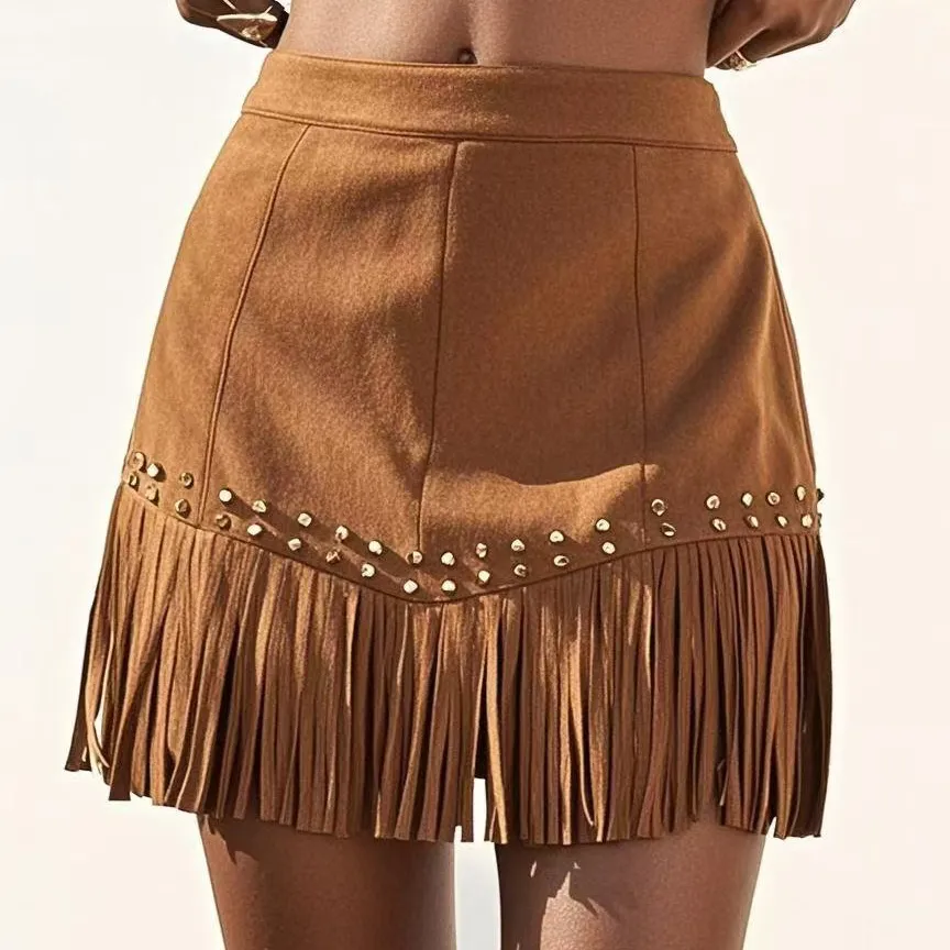 Women Fashion Retro Tassel Rivet Skirt