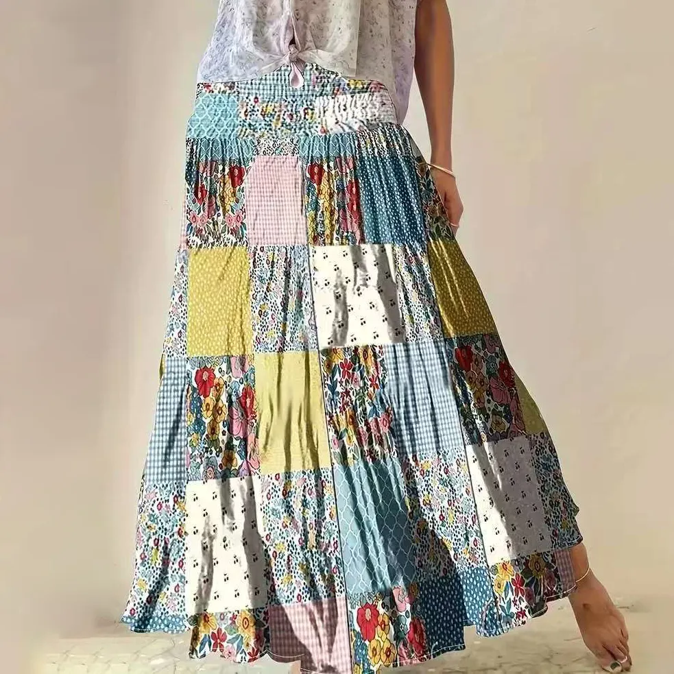 Women Fashion Casual Boho Printed Stitching Loose Skirt