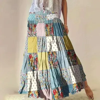 Women Fashion Casual Boho Printed Stitching Loose Skirt