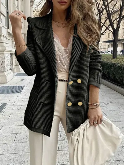 Women Casual Corduroy Blazer Solid Color Lapel Long-Sleeve Coat