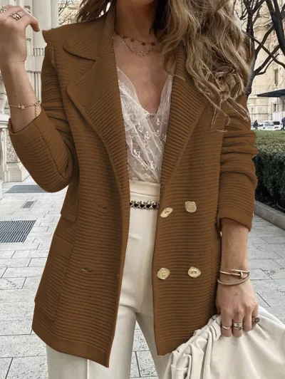 Women Casual Corduroy Blazer Solid Color Lapel Long-Sleeve Coat