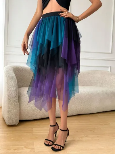 Women Fashion Sexy Irregular High Waist Mesh Skirt