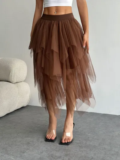 Women Fashion Sexy Irregular High Waist Mesh Skirt